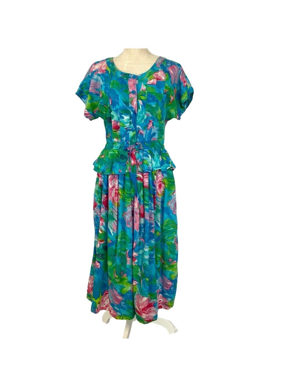 Vintage 80s Tropical Dress by Phool Floral Ruffles Women's Sz L or M